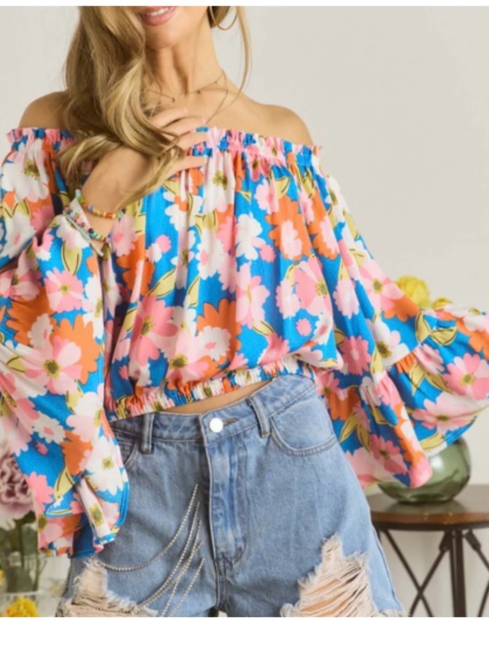 ADORA Blue Floral Off-Shoulder Tunic with Pink‎ and Orange Blooms